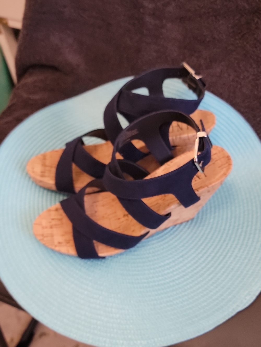Women's Navy Blue Strappy Cork Wedge Sandals INC  Size 7/5-8,  3"